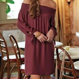 Mud Pie Large $62 Maroon Elle Off Shoulder Stretch Ruched 3/4 Sleeve Shift Dress